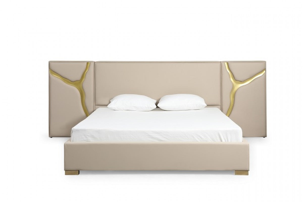 Eastern King Glam Beige Bonded Leather & Gold Bed