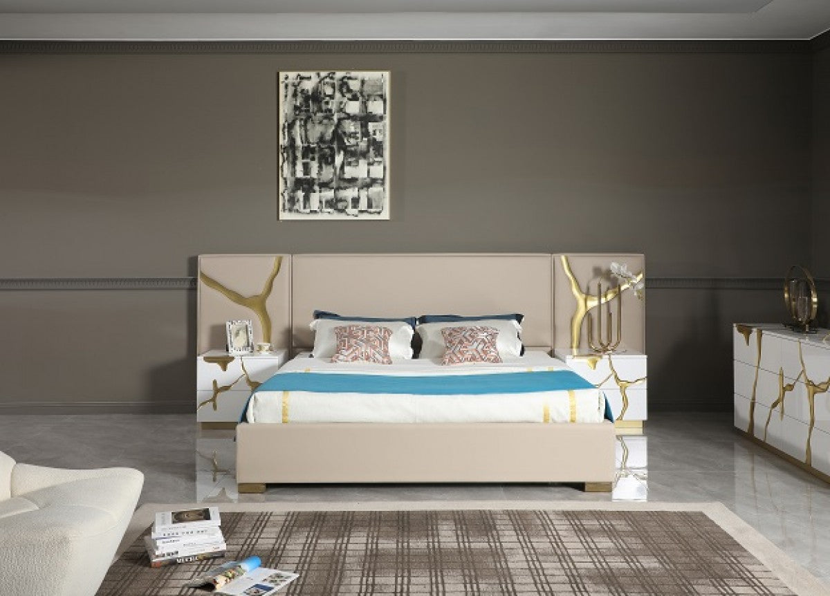 Eastern King Glam Beige Bonded Leather & Gold Bed